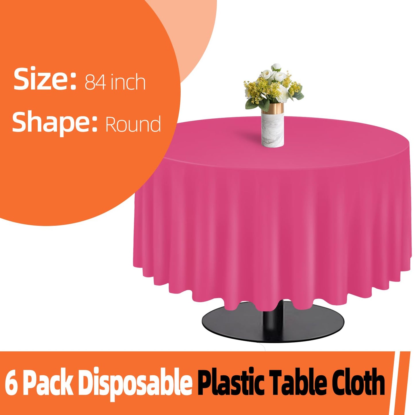 tujol Hot Pink 6 Pack Plastic Table Cloth 84", Disposable Round Tablecloth Table Cover, Plastic Table Cloths for Parties