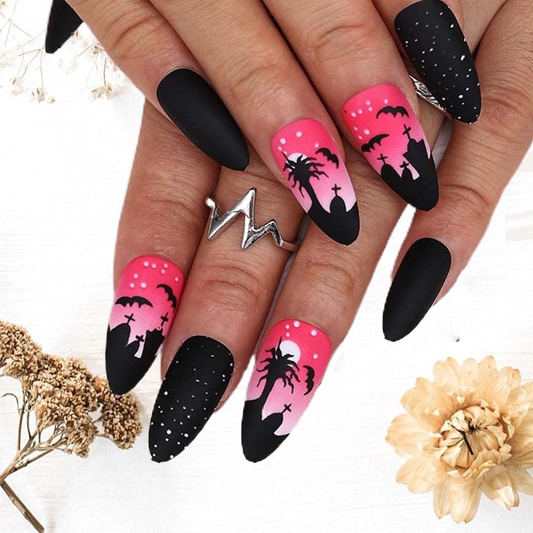 Outyua Stiletto Halloween Long Press on Nails with Design Horror Acrylic Fake Nails Ballerina False Nails Designer Full Cover Nails 24Pcs for Women and Girls (Pink Tree)