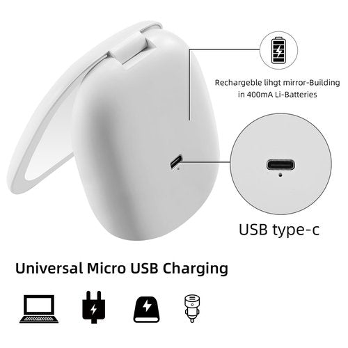Compact Magnifying Travel Makeup Mirror with LED Light - 3.5 inches 1X/10X Magnification Small Hand Pocket Dimmable Double Sided USB Rechargeable Touch Screen, Portable Tabletop Cosmetic (White)