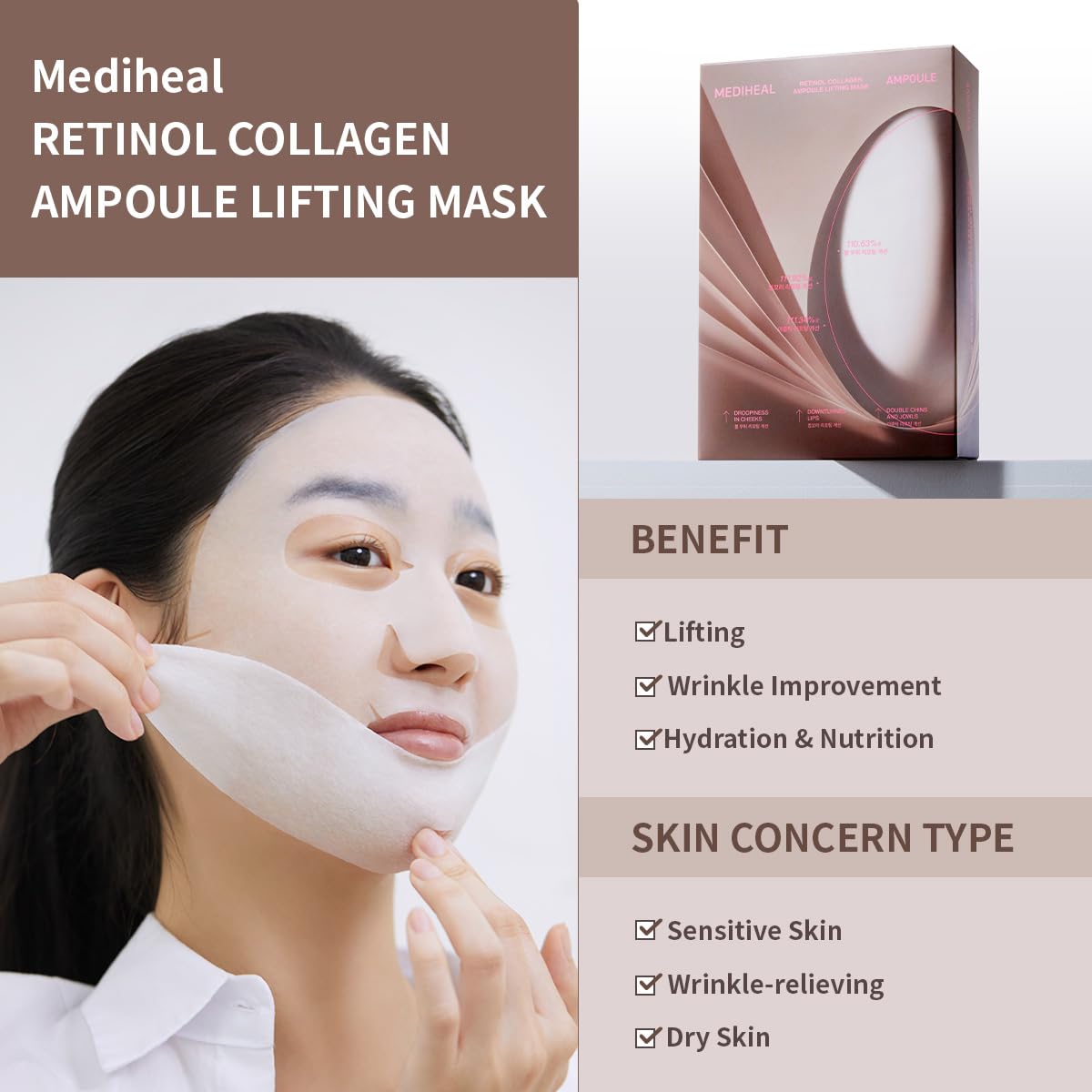 Mediheal Retinol Collagen Ampoule Lifting Mask (10 Counts) for Anti-Aging - Helps Reduce Fine Lines & Wrinkles, and Smoothens Skin