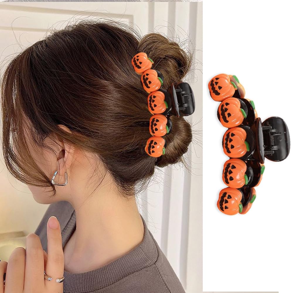 1Pcs Halloween Hair Clips 5D Stereoscopic Pumpkin Design Hair Claw Clips for Thick or Long Hair Large Size Halloween Hair Accessories for Women Strong Hold Clamp Jaw Clips for Cosplay Hair Supplies