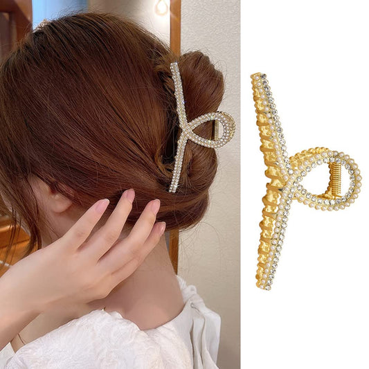 White and Gold Pearl Metal Rhinestone Hair Claw Clips - Large Non-slip Luxury Jaw Clamp Barrettes for Strong Hold and Hair Styling, 1 Pcs for Thick/Thin Hair