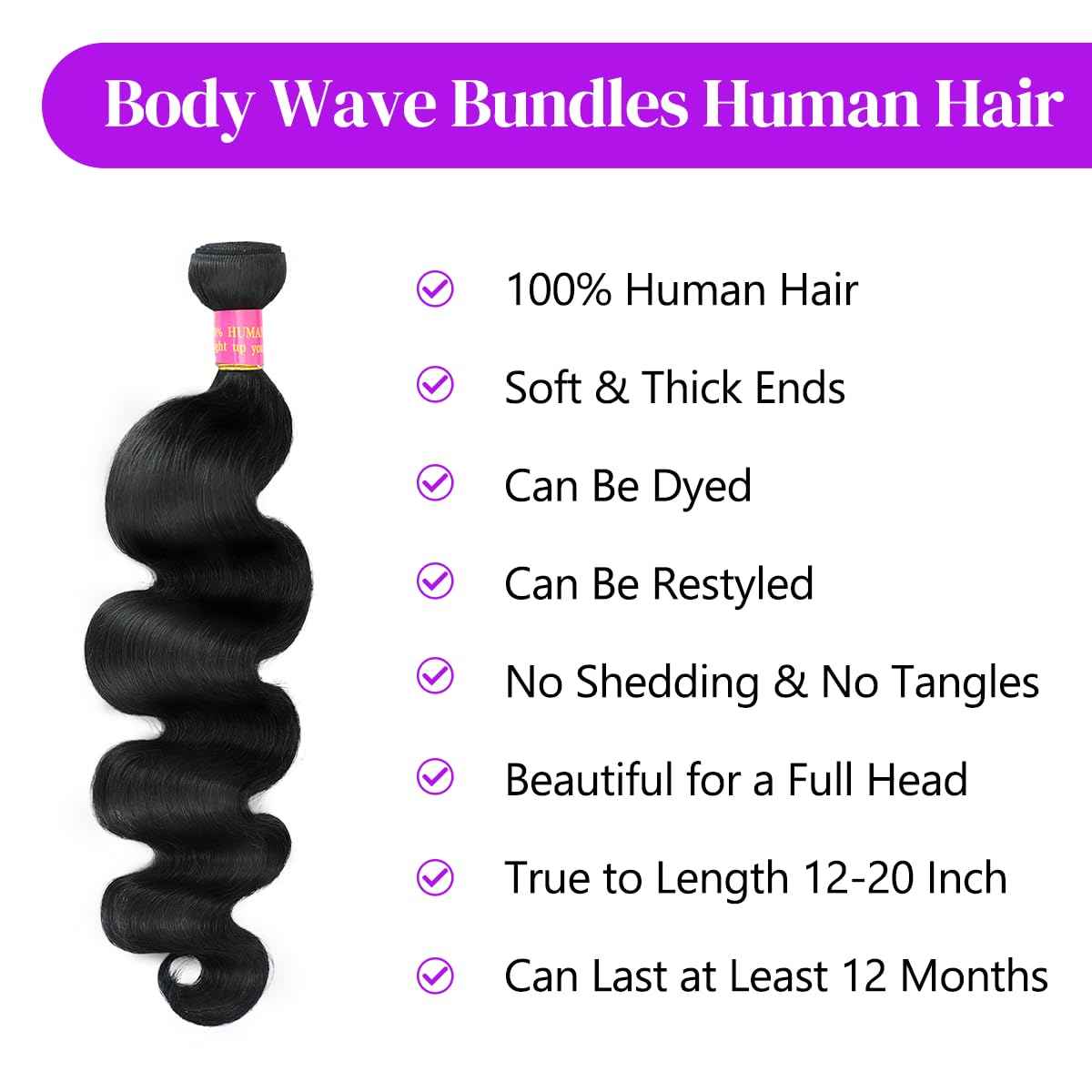 ZWJSH 12A Human Hair Bundles Body Wave 20Inch One Bundle 100% Unprocessed Brazilian Virgin Hair Bundles Double Weft Weave Body Wave Human Hair Natural Black Color