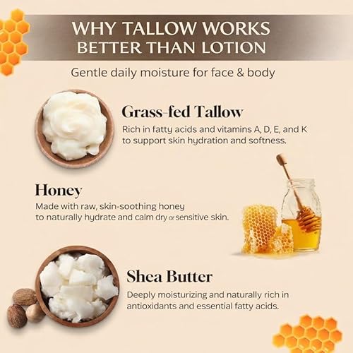 Unscented Honey Tallow Balm for Face & Body ? Extra-Rich Moisturizer for Dry, Sensitive & Reactive Skin ? Firm Balm That Melts With Body Heat ? No Fragrance or Water Fillers