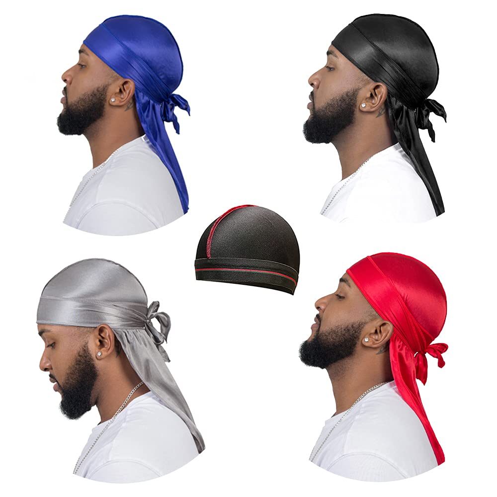 4PCS Silky Durags for Men Women 360 Waves with 1 Wave Cap, Silky Satin Durag Extra Long Tails