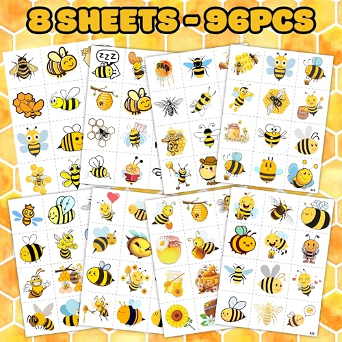 Bee Themed Temporary Tattoos - 96 Pre-Cut Sheets for Kids Party Favors