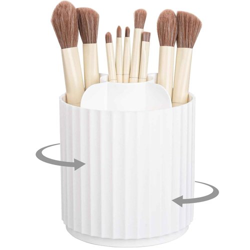 Anyoifax Makeup Brush Holder Organizer 360°Rotating Make Up Brushes Container for Vanity, Spinning Cosmetics Storage Cup, Stripe White