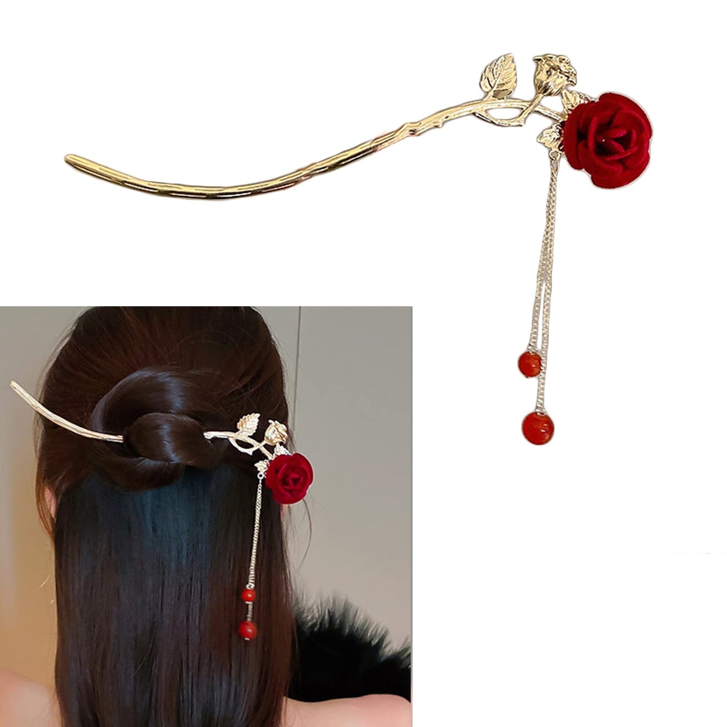 Rose Flower Hair Clips Chinese Style Flocked Flowers Hair Sticks Metal Leaves Pearl Tassel Hairpin Pendant Hair Accessories Chinese Retro Hair Fork Flower Decor Fashion Jewelry For Women (red)