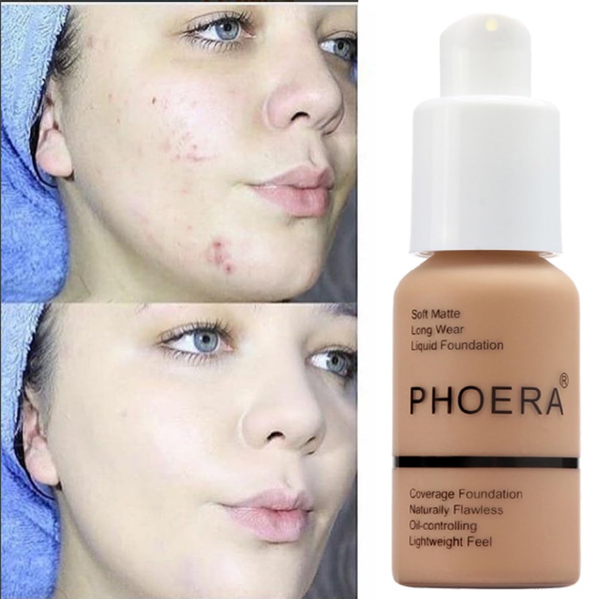 2 Pack PHOERA Foundation 103# Warm Peach and 104# Buff Beige,Flawless Soft Matte Liquid Foundation 24 HR Oil Control Concealer Foundation Makeup.