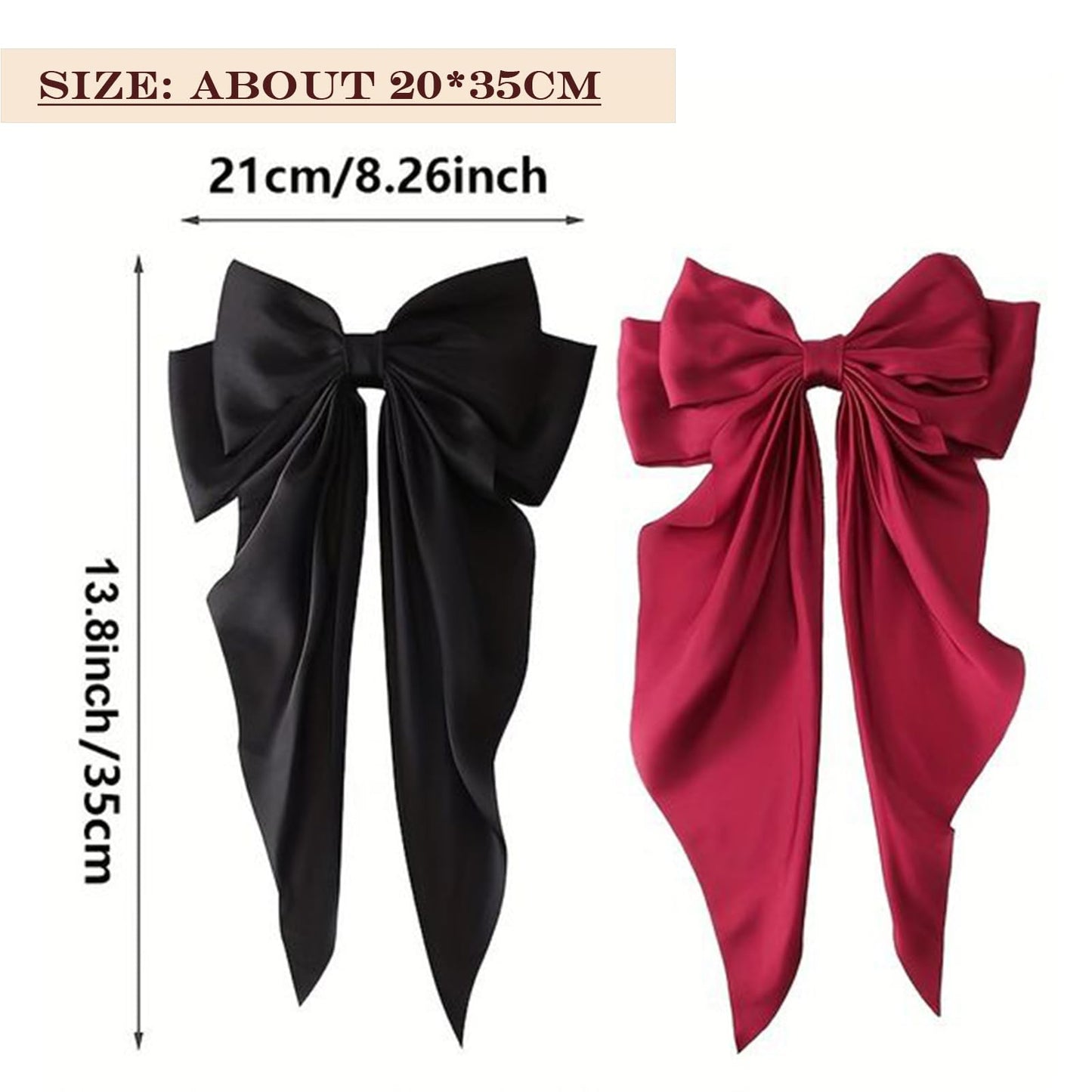 4Pcs Hair Bows, Silky Satin Hair Barrettes For Women, Oversized Long-Tail Hair, Large Bow Metal Spring Clip Temperament Beautiful Hair Accessories For Women Girl（Wine Red, Black, Cream White, Pink）