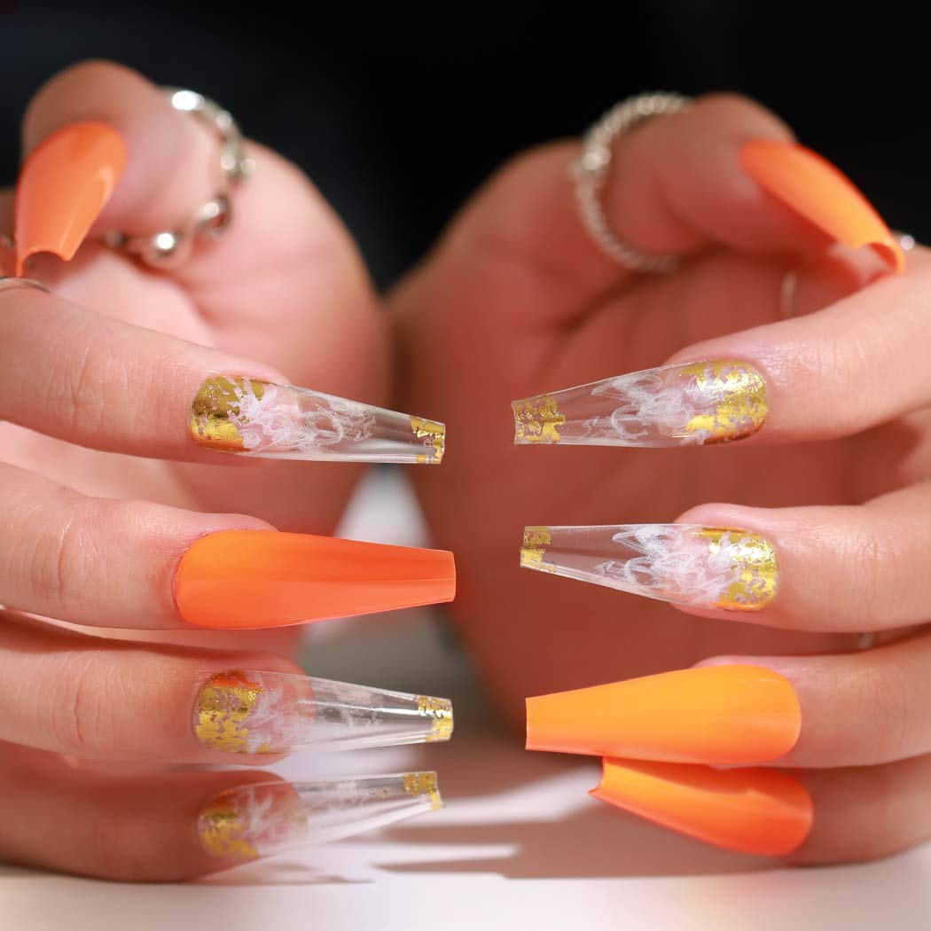 Outyua Glossy Smoke Pattern Fake Nails Coffin Extra Long Press on Nails with Design Ballerina Acrylic Cute False Nails 24Pcs (Orange)