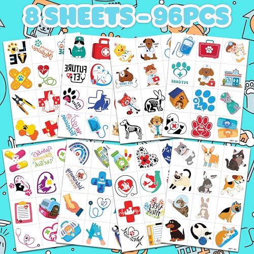 96 PCS Pre-Cut Vet Med Temporary Tattoos for Kids