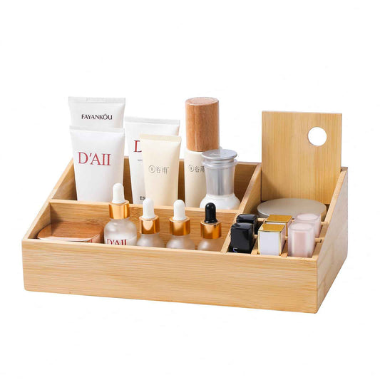 fyoolym Bamboo Makeup Desk Organizer, Makeup Storage Organization Table Box, Suitable for Desk Organizer and Storage Dressing Table, Bathroom Desk, Counter
