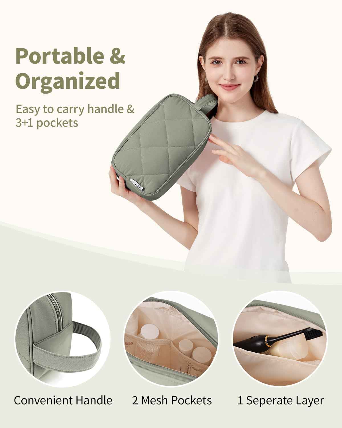 Narwey Travel Toiletry Bag for Traveling Women Travel Bag for Toiletries, Quilted Makeup Bag Cosmetic Make up Bags Medicine Bag for Girls (Sage Green)