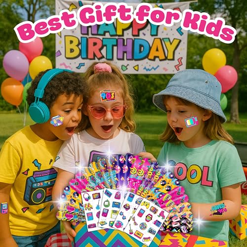 72PCS 80s, 90s Party Set - 48PCS Temporary Tattoos & 24PCS Slap Bracelets - Retro-Themed Birthday Supplies, Baby Shower Gifts, Classroom Rewards & Party Decor for Kids (Boys & Girls)
