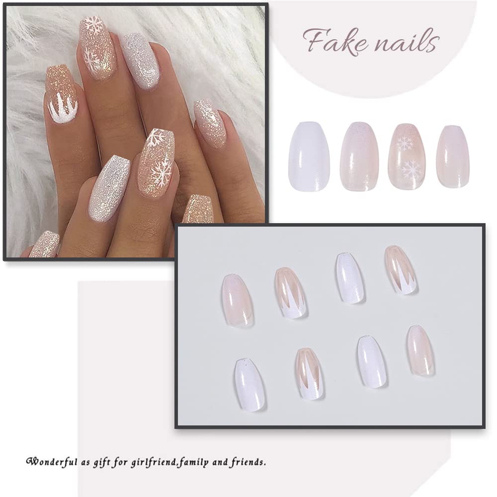 Snowflake Press on Nails Medium Length Christmas Party Coffin Fake Nails White Snowflake Flame Glitters Design Glossy Glue on Nails False Nails for Women 24Pcs