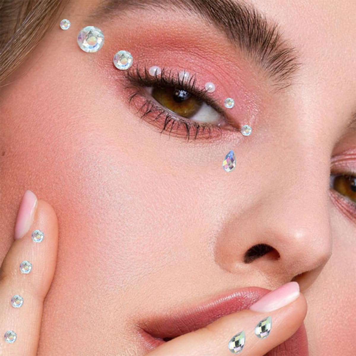 2PCS Face Gems Eye Jewels Stickers Self Adhesive Clear Rhinestones Gems Crystals Pearls Decal Rhinestone for Makeup Hair Body Stick Gems for Women Festival Accessory and Nail Art Decoration