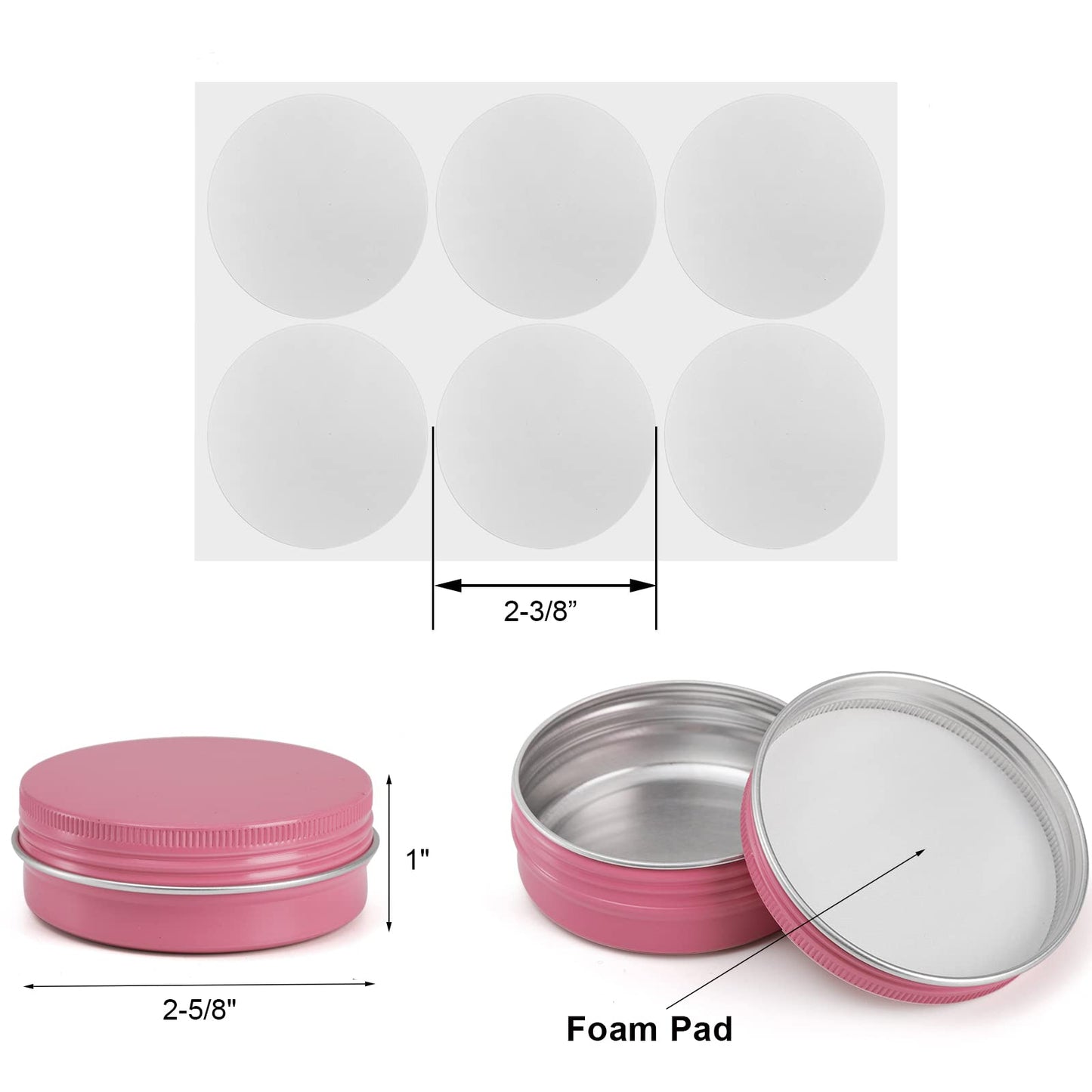 Foraineam 48 Pack 2 oz Screw Top Round Tin Cans with White Labels, Pink Aluminum Cosmetic Sample Containers, Metal Empty Tins Travel Storage Tin Jars for Lip Balm, Salve, Spice, Candy or Crafts