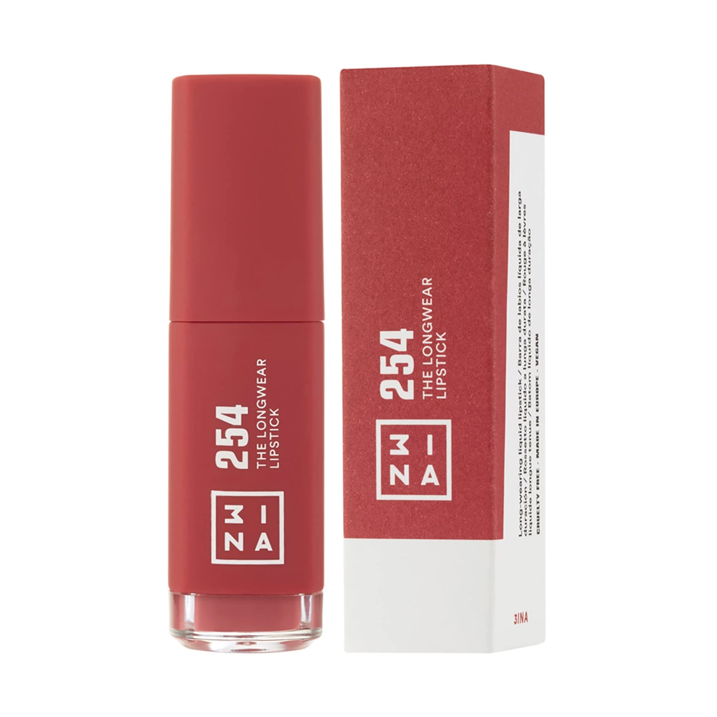 3INA The Longwear Lipstick 254 - Naturally Hydrating, Fast Drying - Shades That Stay All Day - Suit Every Skin Tone - Cruelty Free, Paraben Free, Vegan Cosmetics - Dark Pink Nude Color- 0.22 Fl. Oz