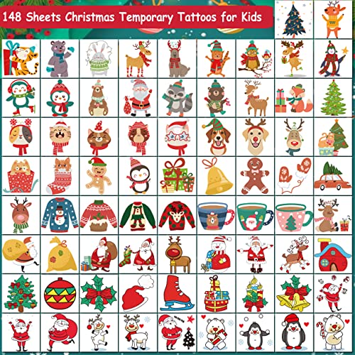 148 PCS Christmas Temporary Tattoos for Kids - Xmas Individual Tattoos for Kids Christmas Party Favors, Stocking Stuffer, Christmas Eve Gift