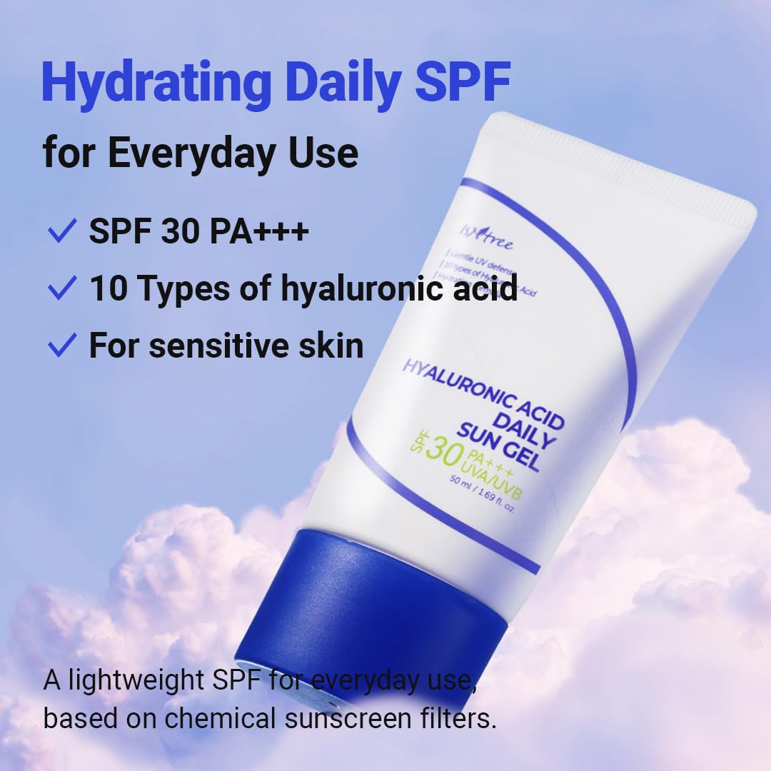 ISNTREE Hyaluronic Acid Daily Sun Gel 50ml, 1.69 fl.oz | SPF 30 PA+++ | 10 types of hyaluronic acid | Moisturizing sunscreen | No White cast | Mild Sunscreen | Korean skin care