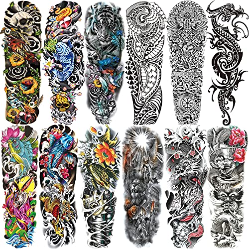 Waterproof Temporary Sleeve Tattoo - 12 Sheets, Full Arm