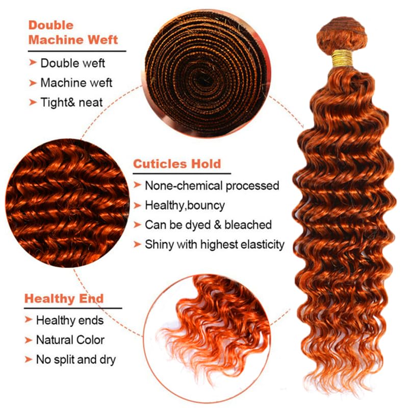 WuvuSnm 22-26 Inch Ginger Deep Wave Human Hair Bundles - #350DP Orange, 150g Each