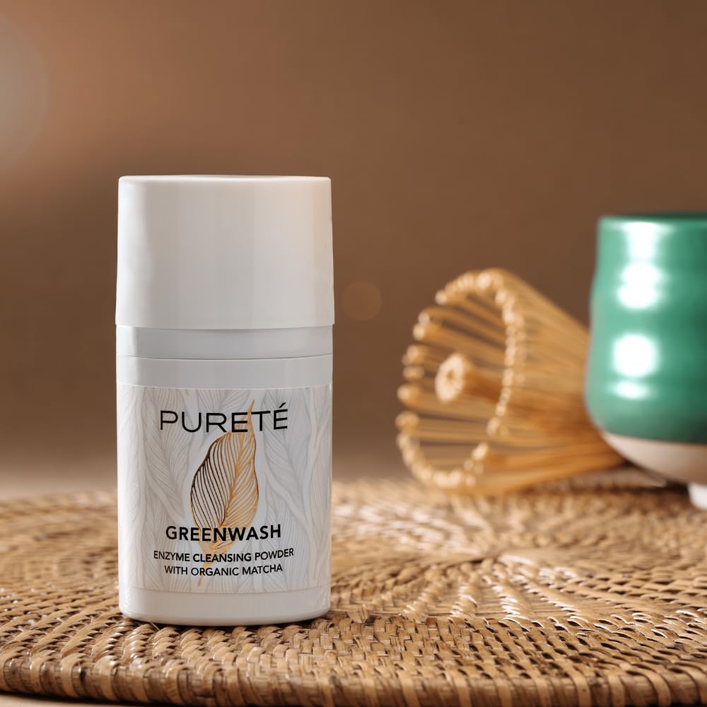 Pureté Greenwash | Enzyme Powder Face Wash Cleanser with Foaming Organic Matcha | Ultra-Fine, Non-Abrasive, Buttery Soft Clarifying Facial Powder Wash | Made in Japan | 1.4 oz.