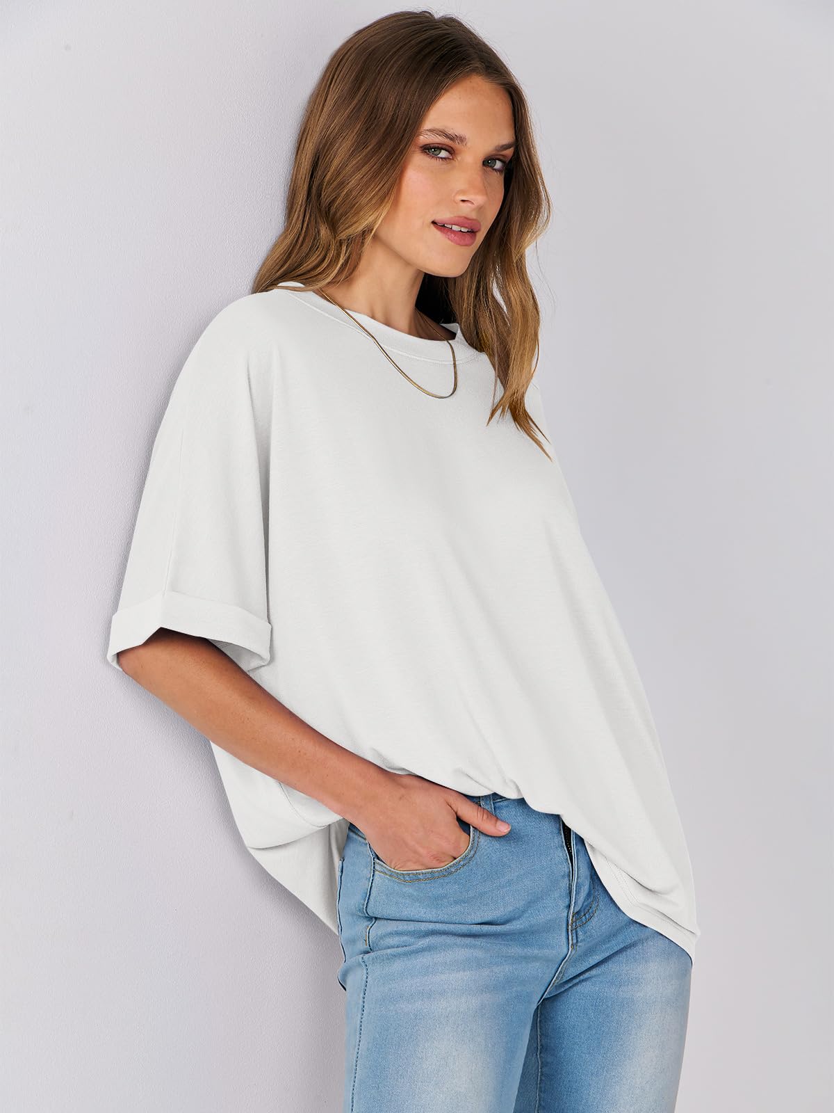 ANRABESS Women's Oversized T Shirts Short Sleeve Crewneck Summer Tops Casual Loose Basic Tee Shirts 2024 Trendy Clothes White Small