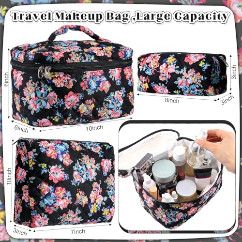 3 Pcs Quilted Makeup Bags Large Floral Cosmetic Bag for Women Cotton Makeup Bag Set Travel Toiletry Bag Aesthetic Cute Cosmetic Pouch for Women Christmas Gifts Organizer Home Bathroom