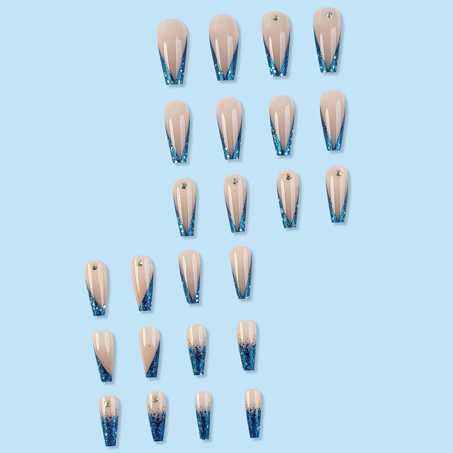 MISUD Press on Nails Long Coffin Fake Nails Glossy Glue on Nails Bling Blue Glitter French Tip Acrylic Nails Ballerina Artificial Nails Rhinestone Stick on False Nails with Design 24 pcs