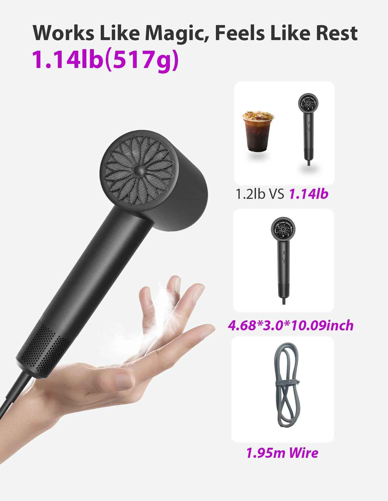 Hair Dryer, 3 Min Fast Drying-110000 RPM Professional High Speed Blow Dryer 200 Millions Negative Ionic Care Hair Dryer, Low Noise Thermo-Control Hairdryer, Travel with Secure Lock Nozzle (Black)