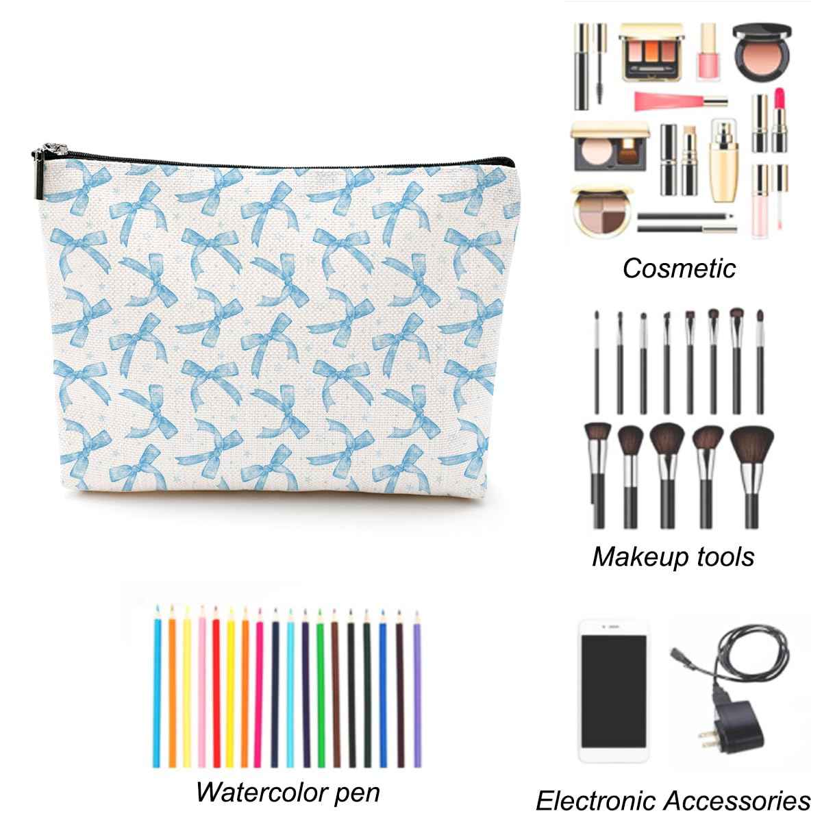 LONGXIN Coquette Makeup Bag Trendy Teen Girls Gifts Blue Bow Pouch Bag Gift for Women Aesthetic Cosmetic Bag Preppy Stuff Trendy Preppy Makeup Bag Funky Zipper Travel Toiletry Bag
