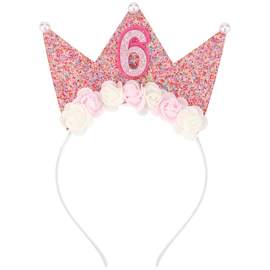 SuPoo 6th Birthday Decorations for Girl 6th Birthday Girl Headband Birthday Crown for Girls Glitter Hair Band for Party 6 Year Old Happy Birthday Decorations Flower Princess Tiara Hair Accessory