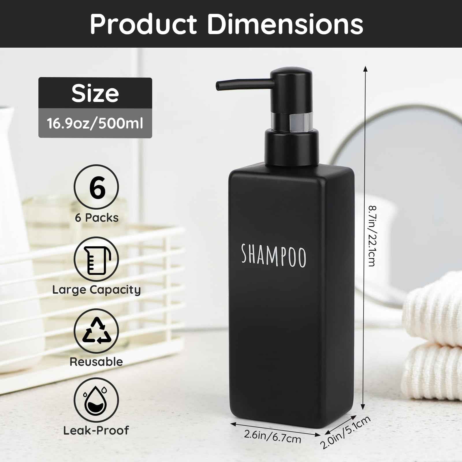 Segbeauty 6 Pack Matte Black Soap Dispenser, Plastic Square Shower Soap Dispenser, 16.9 oz Refillable Shampoo and Conditioner Bottles, 500 ml Empty Bathroom Countertop Soap Dispensers for Modern Hotel