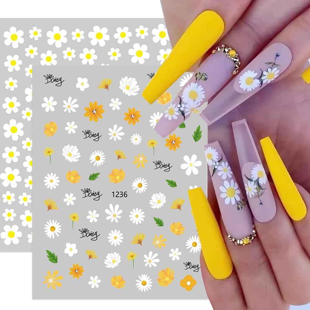 Flower Nail Art Stickers, Floral Daisy Nail Decals 3D Self-Adhesive Pink White Cute Daisy Small Flower Spring Summer Nail Design Manicure Tips Nail Decor Accessories for Women Girls(6Sheets)