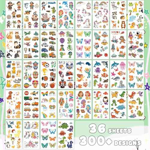 Temporary Tattoos for Kids, 36 Sheets, 350+ Mixed Luminous Styles, Glow In The Dark Tattoos Kids with Animal Alien Dinosaur Unicorn Balls Mermaid Car Space Butterfly Ocean Pirate Summer Rainbow etc