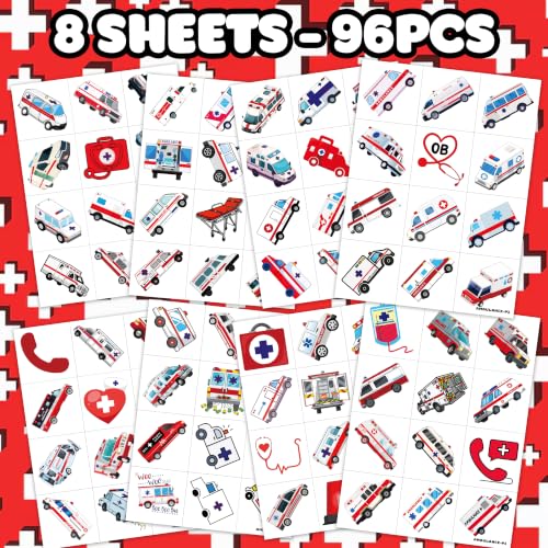 96 Pre-Cut Ambulance Temporary Tattoos for Kids Party