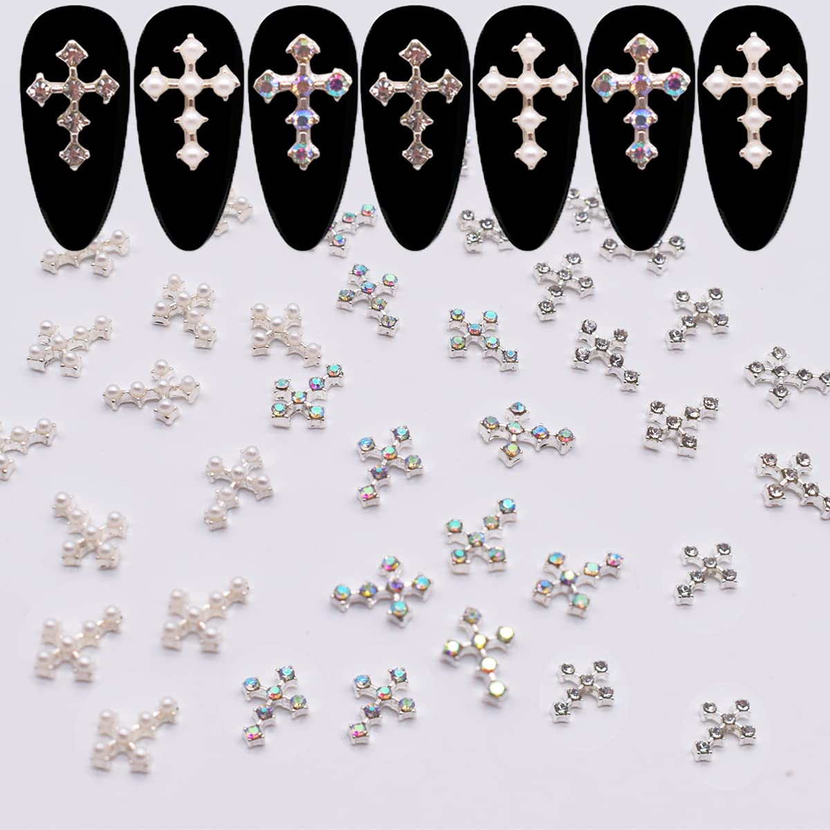 LIFOOST 30pcs Cross Nail Charms for Nail Art Accessory 3D Gold Cross Jewelrys Nail Studs with Flat Back Crystal Nail Art Rhinestones for Women Acrylic Nails Designs (Silver)