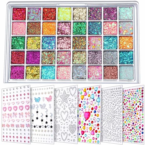 40 Colors Face Glitter Gel Palette & Self Adhesive Gems Stickers