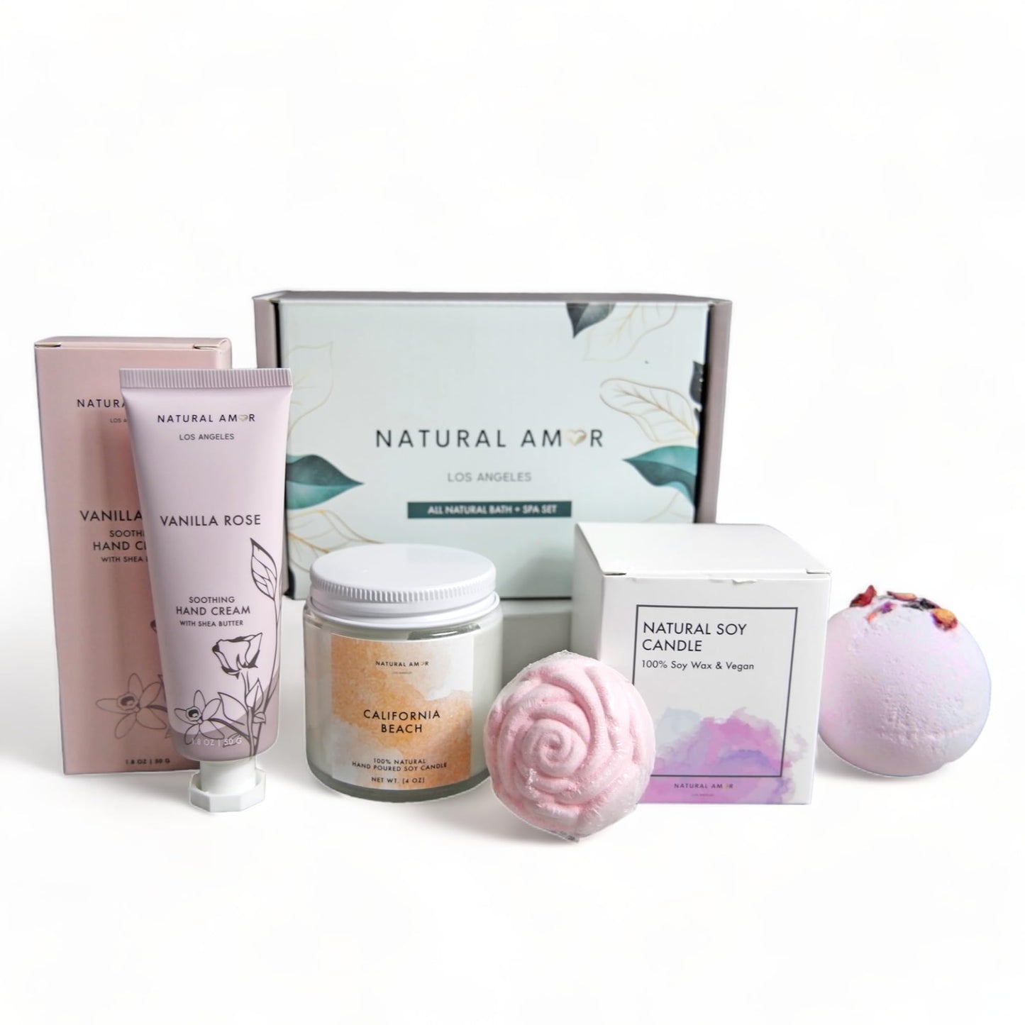 Natural Amor-Relaxation Spa Gift Set for Women- 4pcs gift box including candle, hand cream, bath bomb