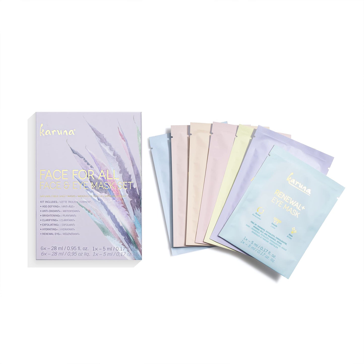 Karuna Skin - Face for All Eye & Face Mask Sets,Complete Eye & Face Masks Skincare Bundle, 6 Face Masks(Clarifying+,Hydrating+,Brightening+,Age-Defying+ & Anti-Oxidant+) & 1 Renewal+ Eye Sheet Mask