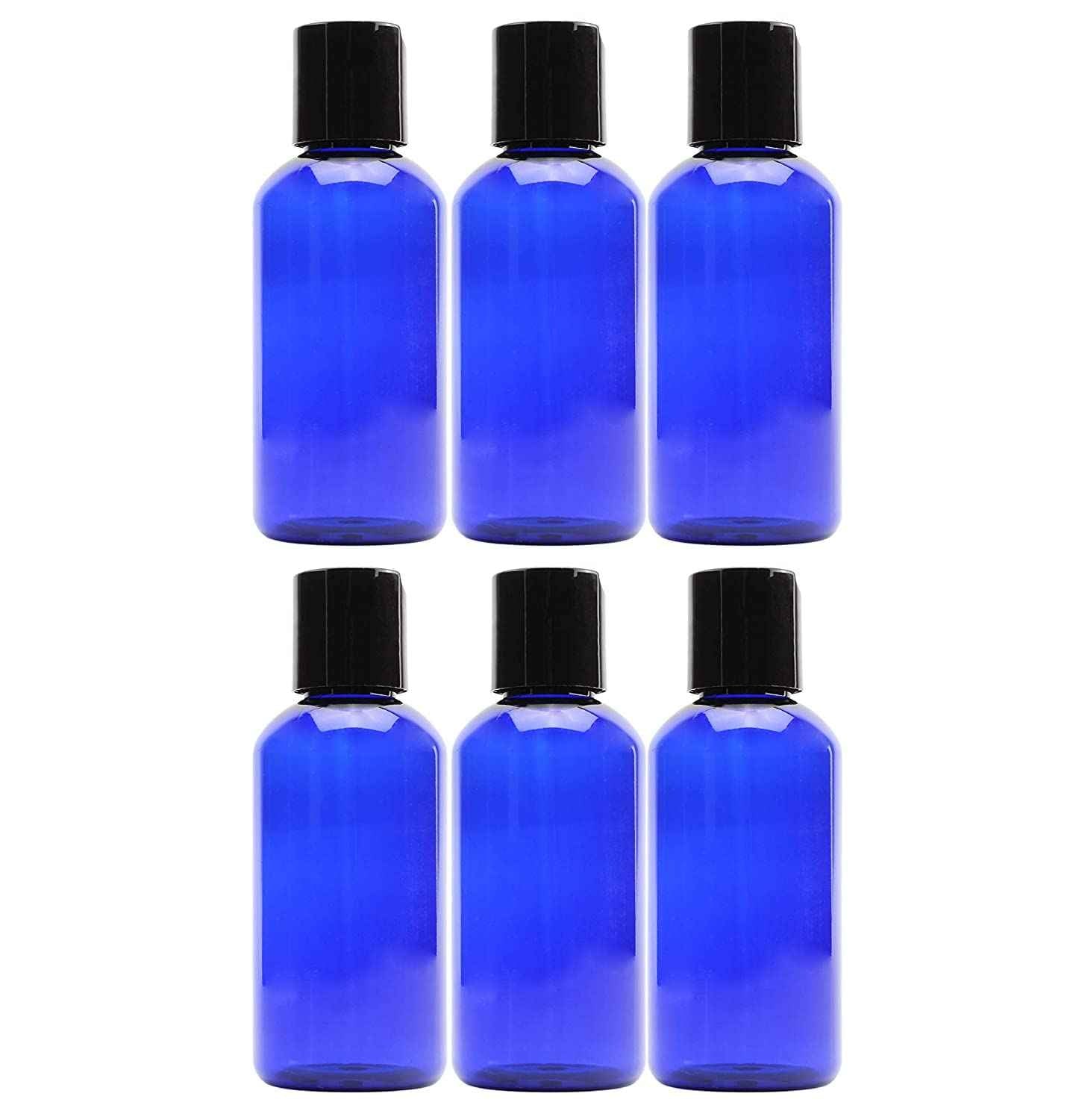 Cornucopia Brands 4oz Empty Cobalt Blue Plastic Squeeze Bottles with Disc Top Flip Cap (Pack of 6) BPA-Free Containers For Shampoo, Lotions, Liquid Body Soap, Creams