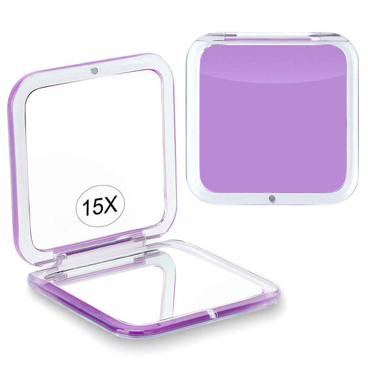 Compact 15X Magnifying Makeup Mirror for Travel, Small Pocket Mirror-Handheld, Foldable & Portable 2-Sided with 15X Magnifying and 1X Mirror for Purses - Square 3.3 x 3.3 inch (Purple)