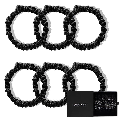 Drowsy Luxury Skinny Silk Scrunchies - Small Mulberry Silk Hair Scrunchies, No Damage Hair Ties to Protect Hair Health & Maintain Moisture - All Hair Types - Pack of 6 (Black Jade)