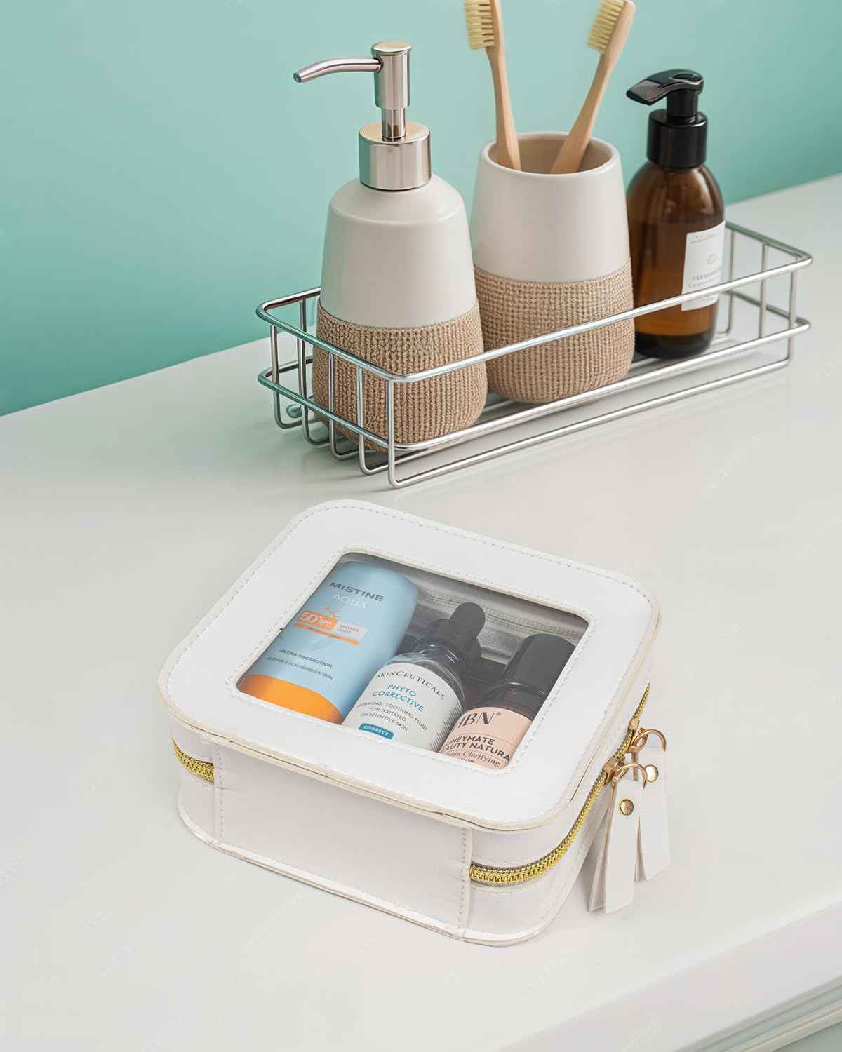 LETGO Mini Makeup Bag,Clear Makeup Bag Cute Travel Makeup Case Pouch Purse Essentials Car Accesories for Women,Travel Essentials Organizers (White, Mini)