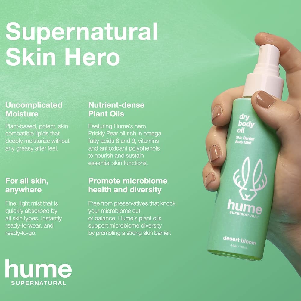 HUME SUPERNATURAL Dry Body Oil Spray - Moisturizing Oil for Dry Skin, After Shower Body Oils for Women and Men, Dry Oil Body Spray, Nourishing, Hydration, Glow, Probiotic, Desert Bloom, 2-Pack