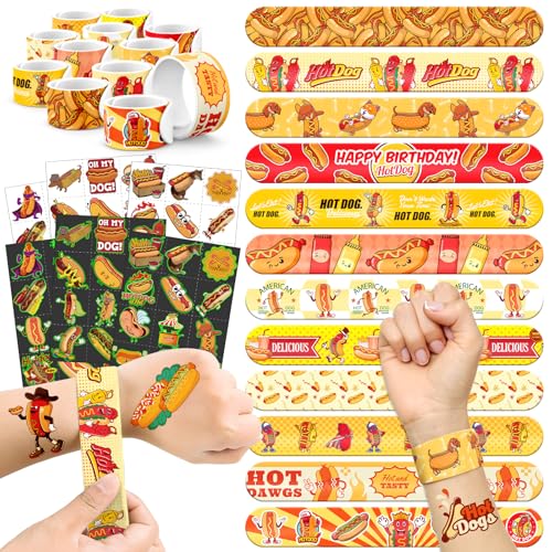 96 PCS Hot Dog Party Favors Set ? 72 Pre-Cut Temporary Tattoos & 24 Slap Bracelets for Kids, Perfect for Food-Themed Birthday Parties, BBQ Celebrations & Classroom Rewards