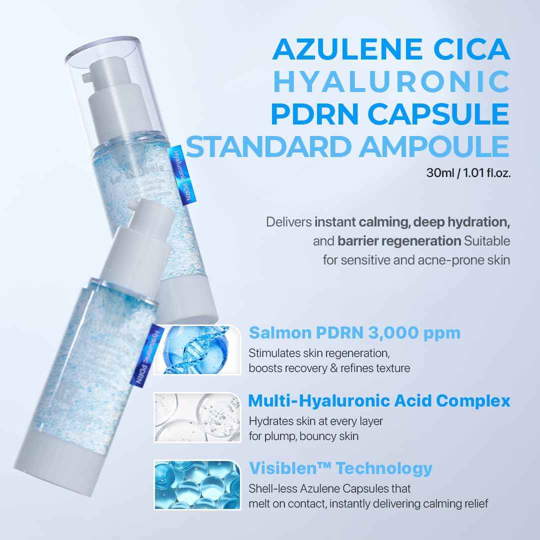 Le Nubele Azulene Cica Hyaluronic PDRN Capsule Standard Ampoule 02, Salmon DNA PDRN 3,000ppm, Peptide, Collagen Booster, Skin Rejuvenation, Hydrating, Acne Skin, Korean Skin Care 30ml/1.01 fl.oz.