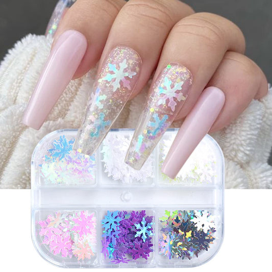 Snowflake Glitter Nail Sequins - White Snowflake Nail Art Glitters Holographic Sequins Winter Snowflakes Christmas Nail Stickers Decals Nail Charms Xmas Nail Decorations for DIY Nail Art,6 Grids